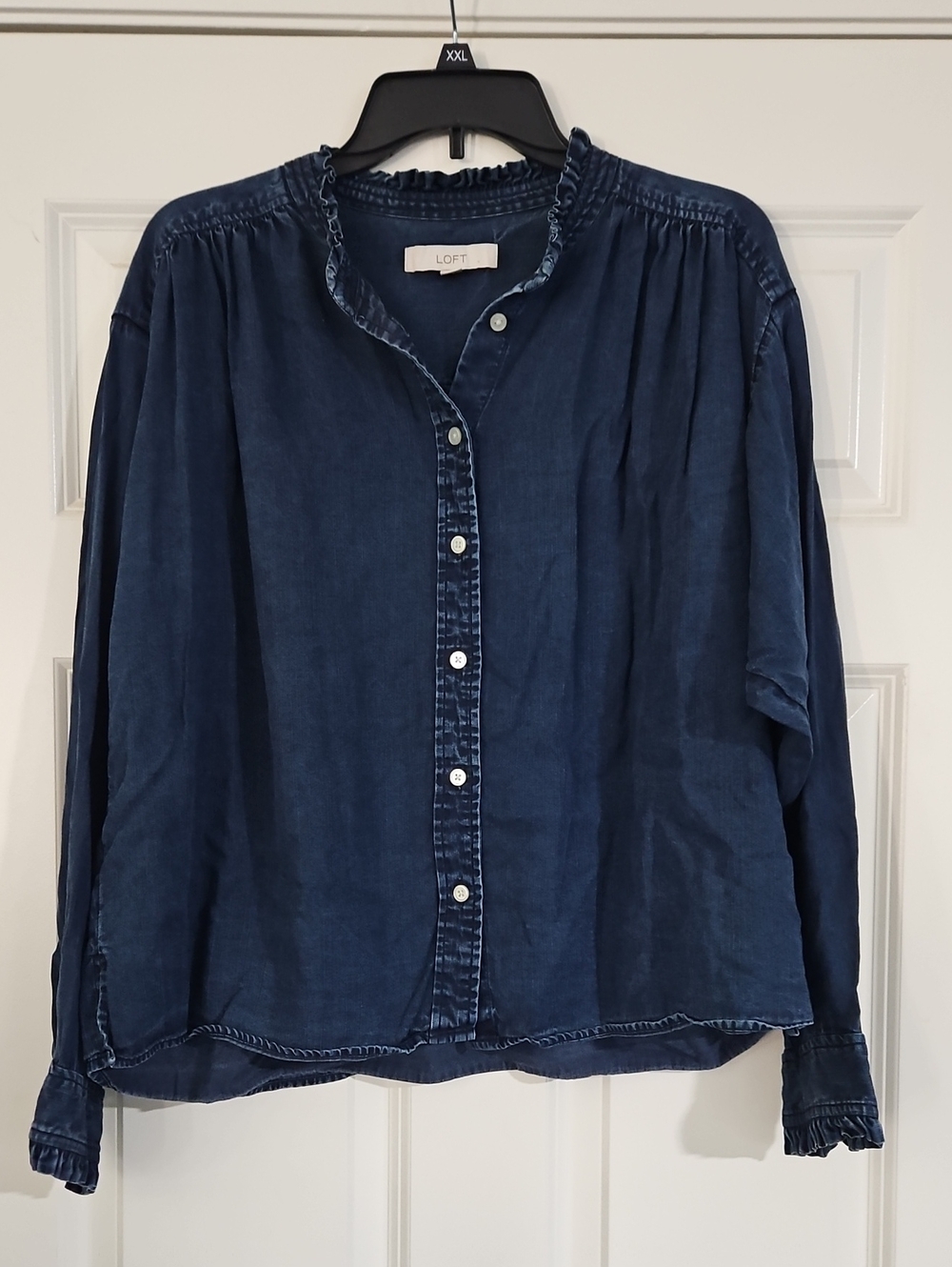 LOFT Indigo Ruffle-Neck Button Blouse